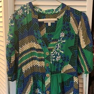 Anthropologie Green and Blue Patterned Dress